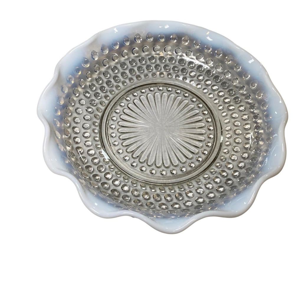 Vintage Clear Hobnail‎ Glass Bowl White Opalescent Ruffled Rim 7.5"